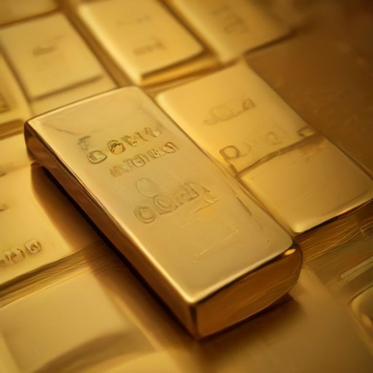 Lingotes de oro junto a gráficos financieros que muestran el alza del precio