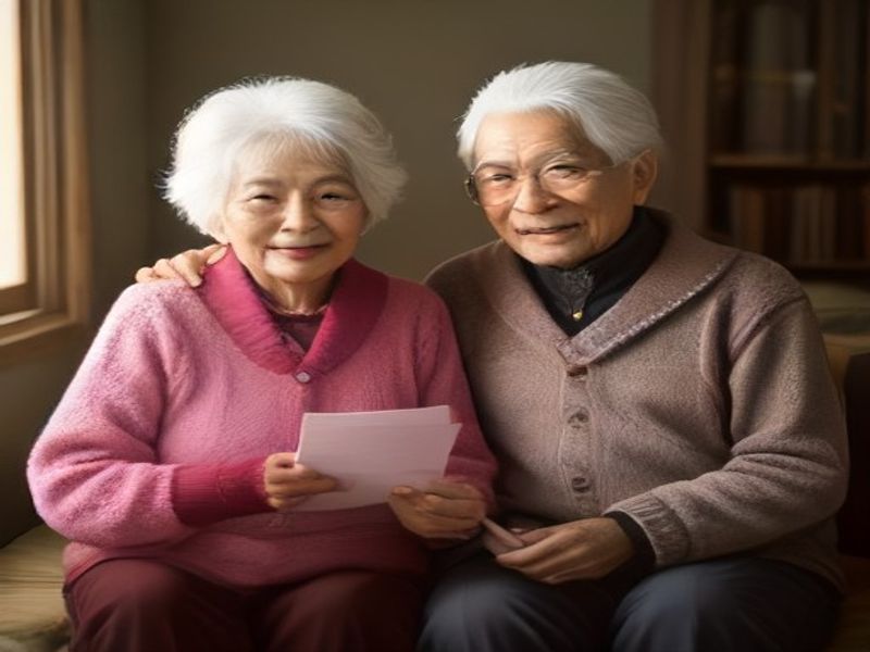 Pareja de adultos mayores peruanos felices recibiendo su pensión en una oficina bancaria